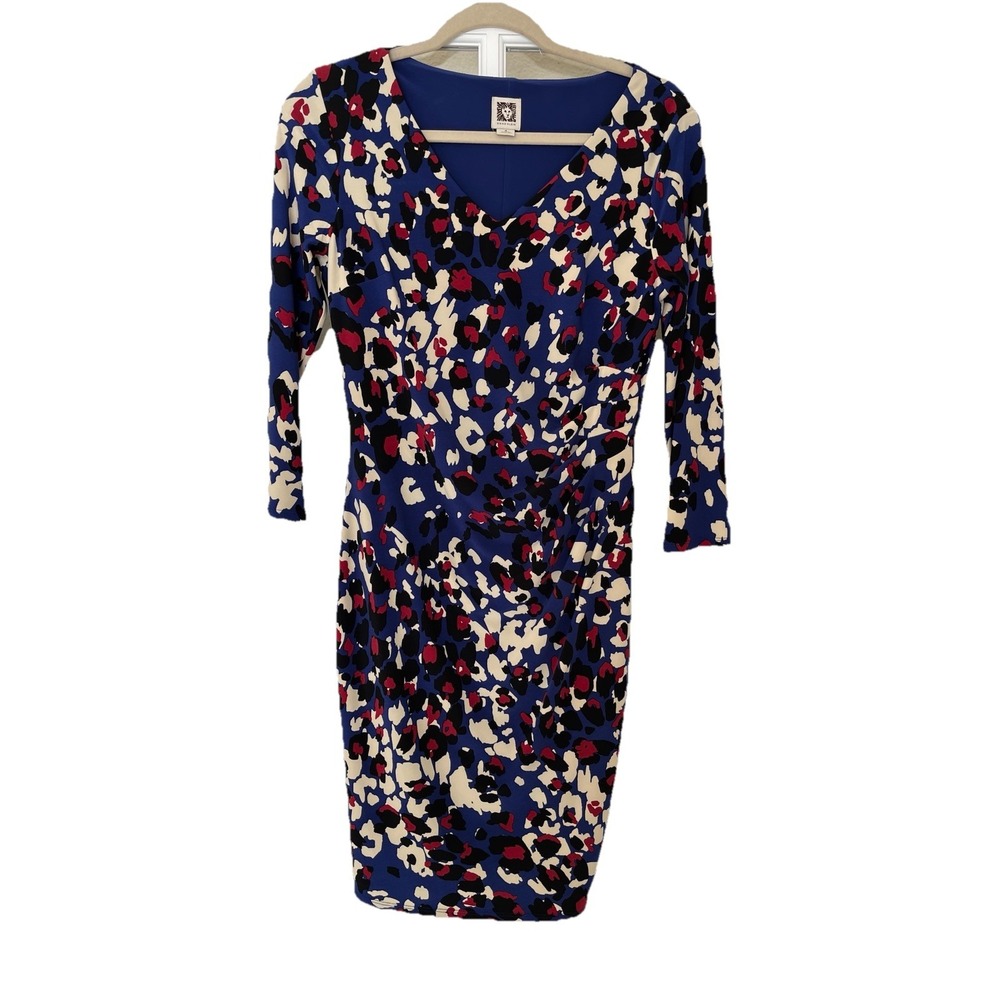 Women's Knee Length V Neck Body Con Side Ruched‎ Blue Animal Print Dress NEW 4
